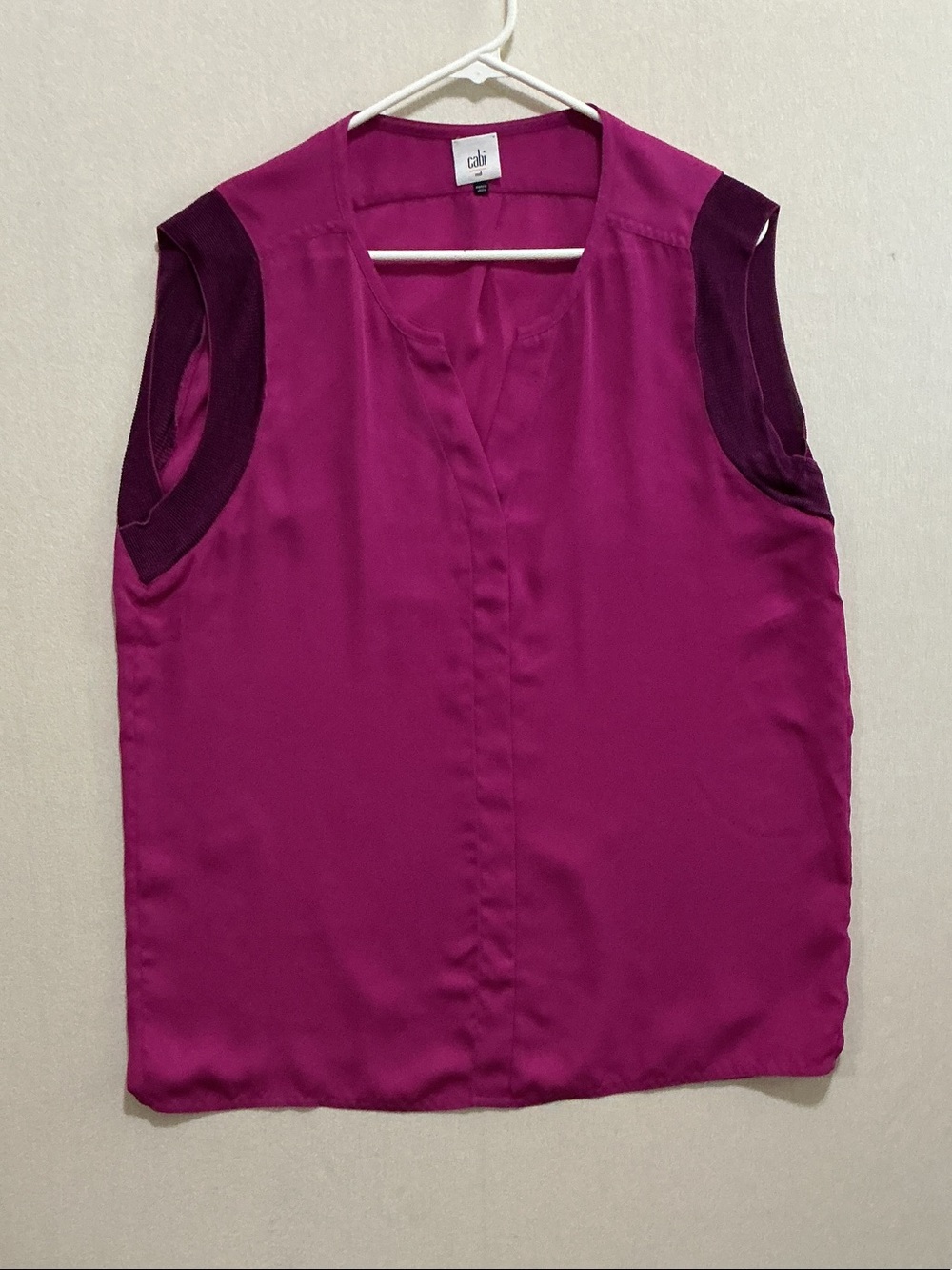 CAbi Magenta V-Neck Sleeveless Shell with Dark Magenta Shoulder Panels